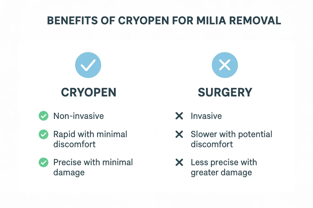 Benefits of cryopen for milia removal compared to surgical treatments.