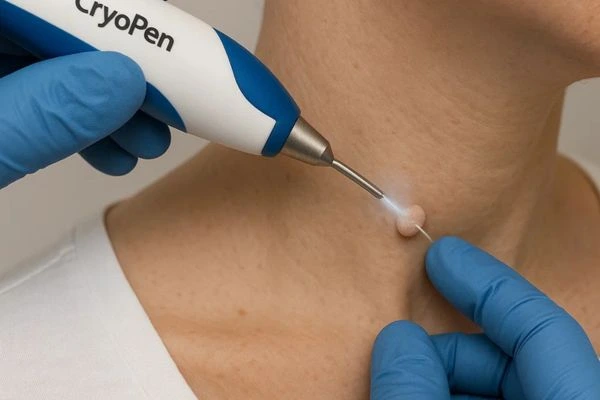 Person receiving Cryotherapy skin tag removal