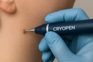 Person receiving skin tag removal