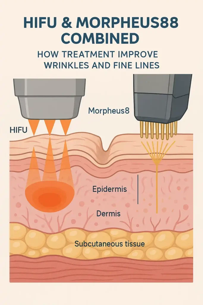 Diagram showing HIFU & Morpeus8 and the benefits for reduction in wrinkles and fine lines