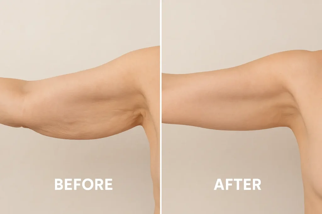 Picture of LA LIPO before and after results of skin tightening treatment on the upper arms.