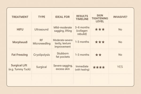 Table showing the comparisons of Skin tightening treatment options.